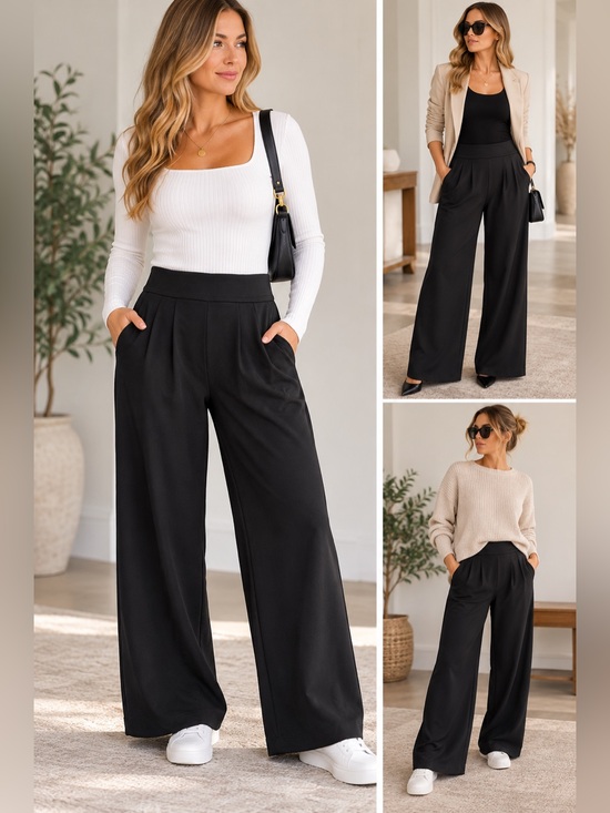 HALARA Pants - Halara Black Wide Leg Pleated Pants Small High Rise Pull On Career Lounge